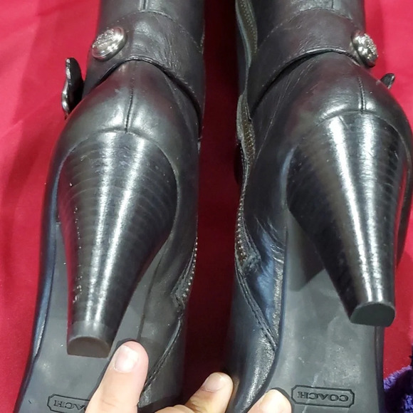 Coach tall heeled black leather silver hardware boots - Picture 6 of 9